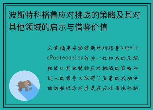 波斯特科格鲁应对挑战的策略及其对其他领域的启示与借鉴价值